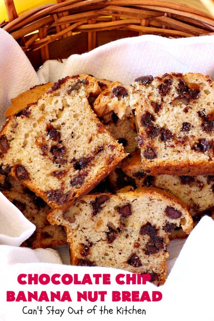 Chocolate Chip Banana Nut Bread | Can't Stay Out of the Kitchen | this is the best #BananaBread #recipe ever! It's loaded with #ChocolateChips making it rich, decadent & more like a #dessert than a #SweetBread. This addictive and heavenly #bread is terrific for a weekend, company or #holiday #breakfast. #chocolate #bananas #walnuts #HolidayBreakfast #BestBananaBread #ChocolateChipBananaNutBread