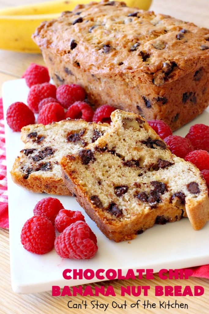 Chocolate Chip Banana Nut Bread | Can't Stay Out of the Kitchen | this is the best #BananaBread #recipe ever! It's loaded with #ChocolateChips making it rich, decadent & more like a #dessert than a #SweetBread. This addictive and heavenly #bread is terrific for a weekend, company or #holiday #breakfast. #chocolate #bananas #walnuts #HolidayBreakfast #BestBananaBread #ChocolateChipBananaNutBread
