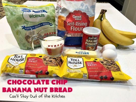 Chocolate Chip Banana Nut Bread | Can't Stay Out of the Kitchen | this is the best #BananaBread #recipe ever! It's loaded with #ChocolateChips making it rich, decadent & more like a #dessert than a #SweetBread. This addictive and heavenly #bread is terrific for a weekend, company or #holiday #breakfast. #chocolate #bananas #walnuts #HolidayBreakfast #BestBananaBread #ChocolateChipBananaNutBread