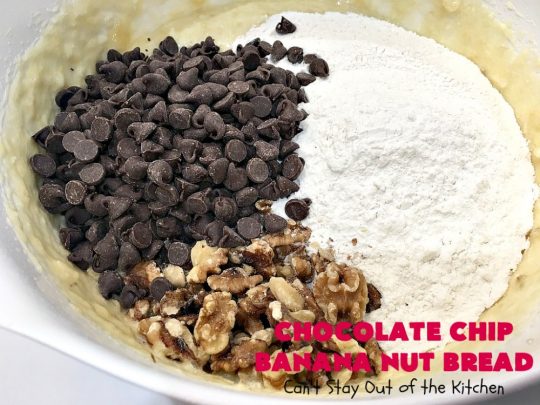 Chocolate Chip Banana Nut Bread | Can't Stay Out of the Kitchen | this is the best #BananaBread #recipe ever! It's loaded with #ChocolateChips making it rich, decadent & more like a #dessert than a #SweetBread. This addictive and heavenly #bread is terrific for a weekend, company or #holiday #breakfast. #chocolate #bananas #walnuts #HolidayBreakfast #BestBananaBread #ChocolateChipBananaNutBread
