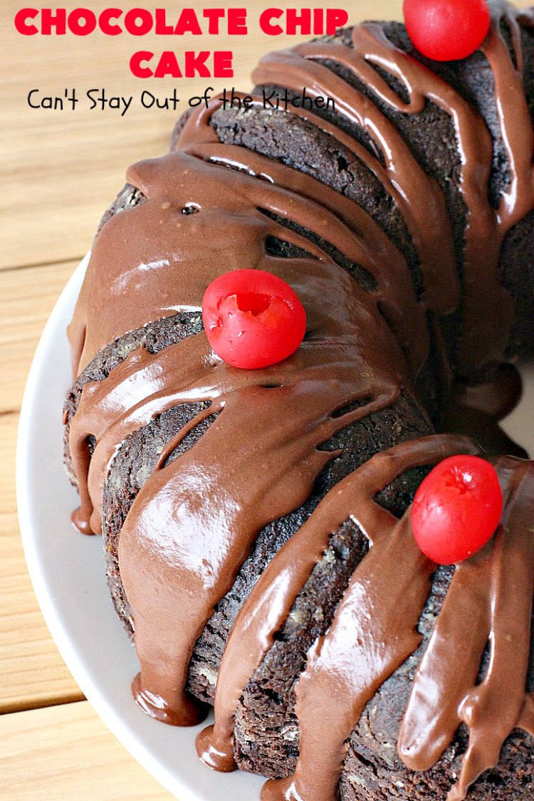 Chocolate Chip Cake | Can't Stay Out of the Kitchen | this lovely #chocolate #cake has triple the chocolate flavor with #CakeMix, #ChocolatePudding & chocolate chips. It's so quick & easy to make, too. Everyone always loves it! #Dessert #ChocolateCake #ChocolateDessert #ChocolateChipCake #ChocolateChipDessert #EasyChocolateCake #ValentinesDay #ValentinesDayDessert