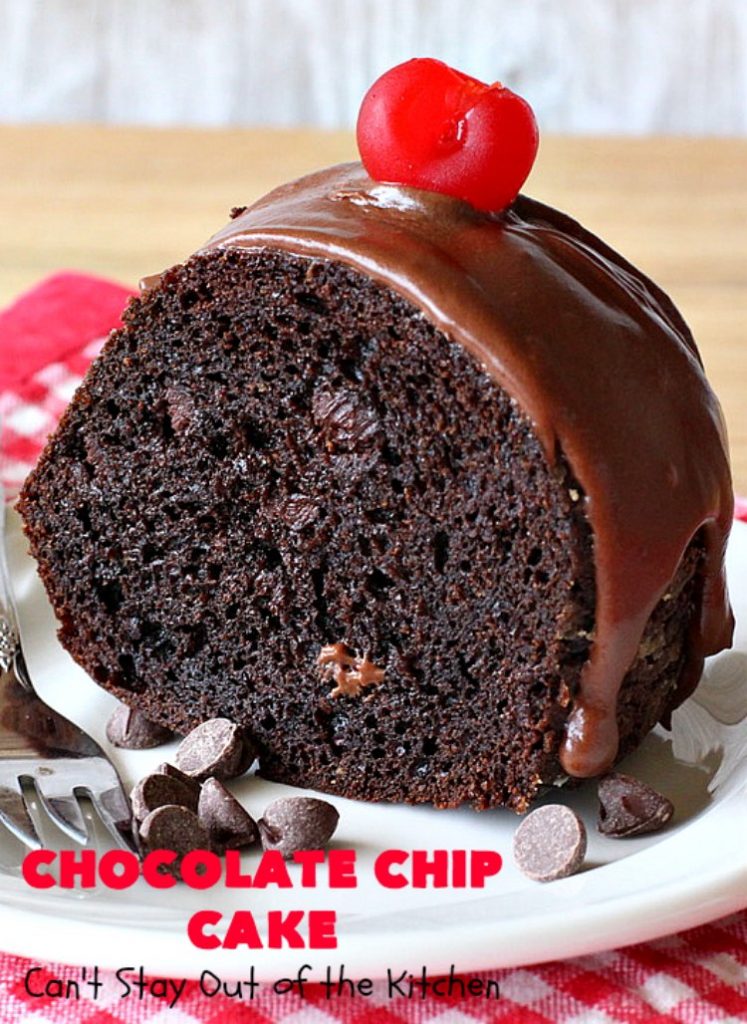 Chocolate Chip Cake | Can't Stay Out of the Kitchen | this lovely #chocolate #cake has triple the chocolate flavor with #CakeMix, #ChocolatePudding & chocolate chips. It's so quick & easy to make, too. Everyone always loves it! #Dessert #ChocolateCake #ChocolateDessert #ChocolateChipCake #ChocolateChipDessert #EasyChocolateCake #ValentinesDay #ValentinesDayDessert