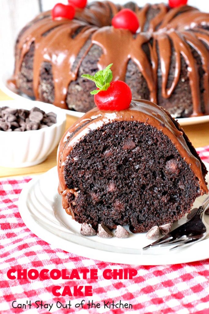 Chocolate Chip Cake | Can't Stay Out of the Kitchen | this lovely #chocolate #cake has triple the chocolate flavor with #CakeMix, #ChocolatePudding & chocolate chips. It's so quick & easy to make, too. Everyone always loves it! #Dessert #ChocolateCake #ChocolateDessert #ChocolateChipCake #ChocolateChipDessert #EasyChocolateCake #ValentinesDay #ValentinesDayDessert