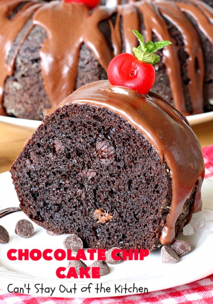Chocolate Chip Cake | Can't Stay Out of the Kitchen | this lovely #chocolate #cake has triple the chocolate flavor with #CakeMix, #ChocolatePudding & chocolate chips. It's so quick & easy to make, too. Everyone always loves it! #Dessert #ChocolateCake #ChocolateDessert #ChocolateChipCake #ChocolateChipDessert #EasyChocolateCake #ValentinesDay #ValentinesDayDessert
