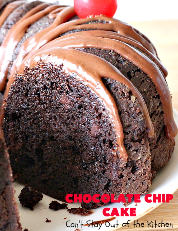 Chocolate Chip Cake | Can't Stay Out of the Kitchen | this lovely #chocolate #cake has triple the chocolate flavor with #CakeMix, #ChocolatePudding & chocolate chips. It's so quick & easy to make, too. Everyone always loves it! #Dessert #ChocolateCake #ChocolateDessert #ChocolateChipCake #ChocolateChipDessert #EasyChocolateCake #ValentinesDay #ValentinesDayDessert
