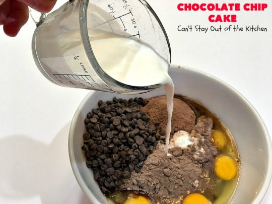 Chocolate Chip Cake | Can't Stay Out of the Kitchen | this lovely #chocolate #cake has triple the chocolate flavor with #CakeMix, #ChocolatePudding & chocolate chips. It's so quick & easy to make, too. Everyone always loves it! #Dessert #ChocolateCake #ChocolateDessert #ChocolateChipCake #ChocolateChipDessert #EasyChocolateCake #ValentinesDay #ValentinesDayDessert