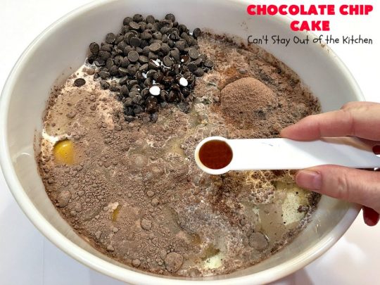 Chocolate Chip Cake | Can't Stay Out of the Kitchen | this lovely #chocolate #cake has triple the chocolate flavor with #CakeMix, #ChocolatePudding & chocolate chips. It's so quick & easy to make, too. Everyone always loves it! #Dessert #ChocolateCake #ChocolateDessert #ChocolateChipCake #ChocolateChipDessert #EasyChocolateCake #ValentinesDay #ValentinesDayDessert