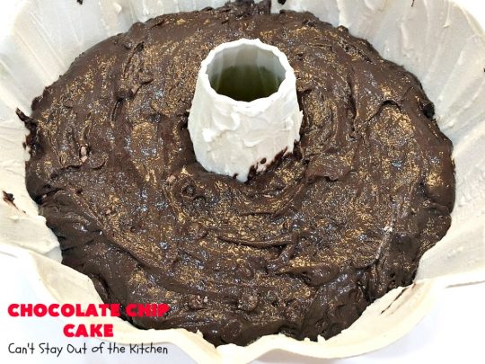 Chocolate Chip Cake | Can't Stay Out of the Kitchen | this lovely #chocolate #cake has triple the chocolate flavor with #CakeMix, #ChocolatePudding & chocolate chips. It's so quick & easy to make, too. Everyone always loves it! #Dessert #ChocolateCake #ChocolateDessert #ChocolateChipCake #ChocolateChipDessert #EasyChocolateCake #ValentinesDay #ValentinesDayDessert