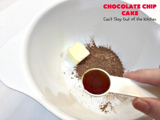 Chocolate Chip Cake | Can't Stay Out of the Kitchen | this lovely #chocolate #cake has triple the chocolate flavor with #CakeMix, #ChocolatePudding & chocolate chips. It's so quick & easy to make, too. Everyone always loves it! #Dessert #ChocolateCake #ChocolateDessert #ChocolateChipCake #ChocolateChipDessert #EasyChocolateCake #ValentinesDay #ValentinesDayDessert