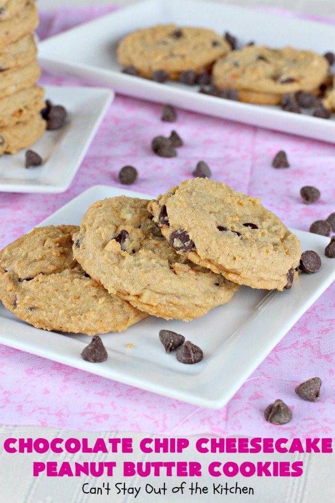 Chocolate Chip Cheesecake Peanut Butter Cookies | Can't Stay Out of the Kitchen | these #cookies are awesome! They have crunchy #PeanutButter, #ChocolateChips & #cheesecake #JellO in the the batter. Amazing for #tailgating parties, potlucks, backyard BBQS or #ChristmasCookieExchanges. #dessert #ChocolateDessert #PeanutButterDessert #CheesecakeDessert #HolidayDessert #chocolate