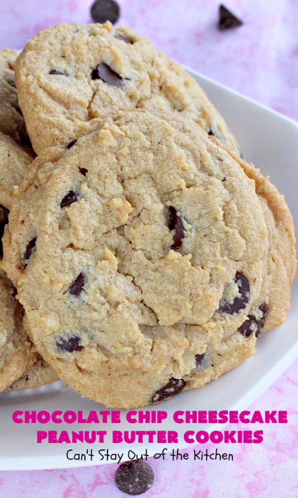 Chocolate Chip Cheesecake Peanut Butter Cookies | Can't Stay Out of the Kitchen | these #cookies are awesome! They have crunchy #PeanutButter, #ChocolateChips & #cheesecake #JellO in the the batter. Amazing for #tailgating parties, potlucks, backyard BBQS or #ChristmasCookieExchanges. #dessert #ChocolateDessert #PeanutButterDessert #CheesecakeDessert #HolidayDessert #chocolate