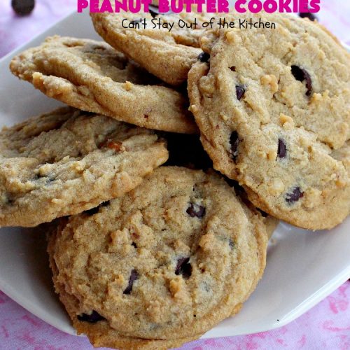 Chocolate Chip Cheesecake Peanut Butter Cookies | Can't Stay Out of the Kitchen | these #cookies are awesome! They have crunchy #PeanutButter, #ChocolateChips & #cheesecake #JellO in the the batter. Amazing for #tailgating parties, potlucks, backyard BBQS or #ChristmasCookieExchanges. #dessert #ChocolateDessert #PeanutButterDessert #CheesecakeDessert #HolidayDessert #chocolate