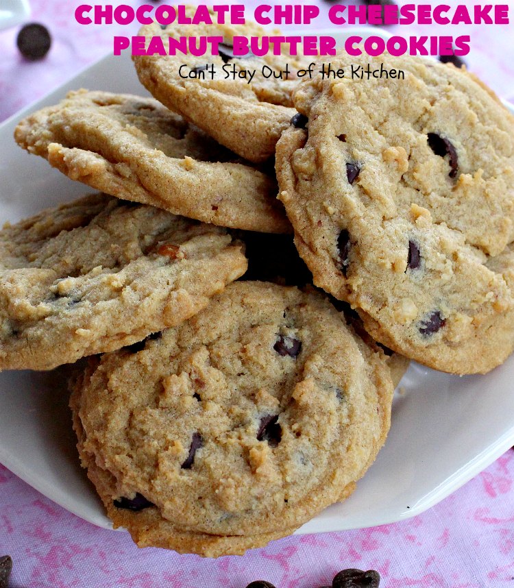Chocolate Chip Cheesecake Peanut Butter Cookies | Can't Stay Out of the Kitchen | these #cookies are awesome! They have crunchy #PeanutButter, #ChocolateChips & #cheesecake #JellO in the the batter. Amazing for #tailgating parties, potlucks, backyard BBQS or #ChristmasCookieExchanges. #dessert #ChocolateDessert #PeanutButterDessert #CheesecakeDessert #HolidayDessert #chocolate