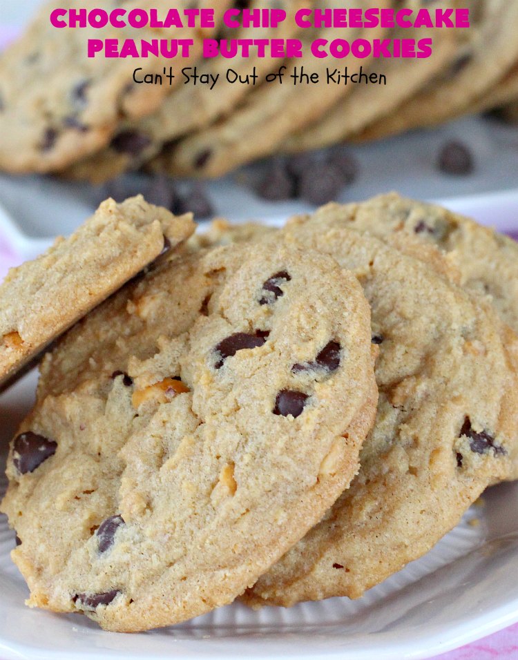 Chocolate Chip Cheesecake Peanut Butter Cookies | Can't Stay Out of the Kitchen | these #cookies are awesome! They have crunchy #PeanutButter, #ChocolateChips & #cheesecake #JellO in the the batter. Amazing for #tailgating parties, potlucks, backyard BBQS or #ChristmasCookieExchanges. #dessert #ChocolateDessert #PeanutButterDessert #CheesecakeDessert #HolidayDessert #chocolate