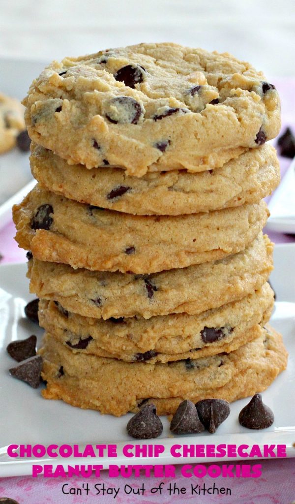 Chocolate Chip Cheesecake Peanut Butter Cookies | Can't Stay Out of the Kitchen | these #cookies are awesome! They have crunchy #PeanutButter, #ChocolateChips & #cheesecake #JellO in the the batter. Amazing for #tailgating parties, potlucks, backyard BBQS or #ChristmasCookieExchanges. #dessert #ChocolateDessert #PeanutButterDessert #CheesecakeDessert #HolidayDessert #chocolate