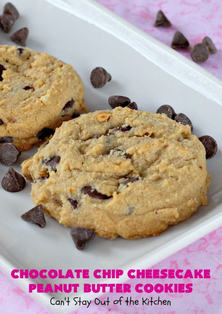 Chocolate Chip Cheesecake Peanut Butter Cookies | Can't Stay Out of the Kitchen | these #cookies are awesome! They have crunchy #PeanutButter, #ChocolateChips & #cheesecake #JellO in the the batter. Amazing for #tailgating parties, potlucks, backyard BBQS or #ChristmasCookieExchanges. #dessert #ChocolateDessert #PeanutButterDessert #CheesecakeDessert #HolidayDessert #chocolate