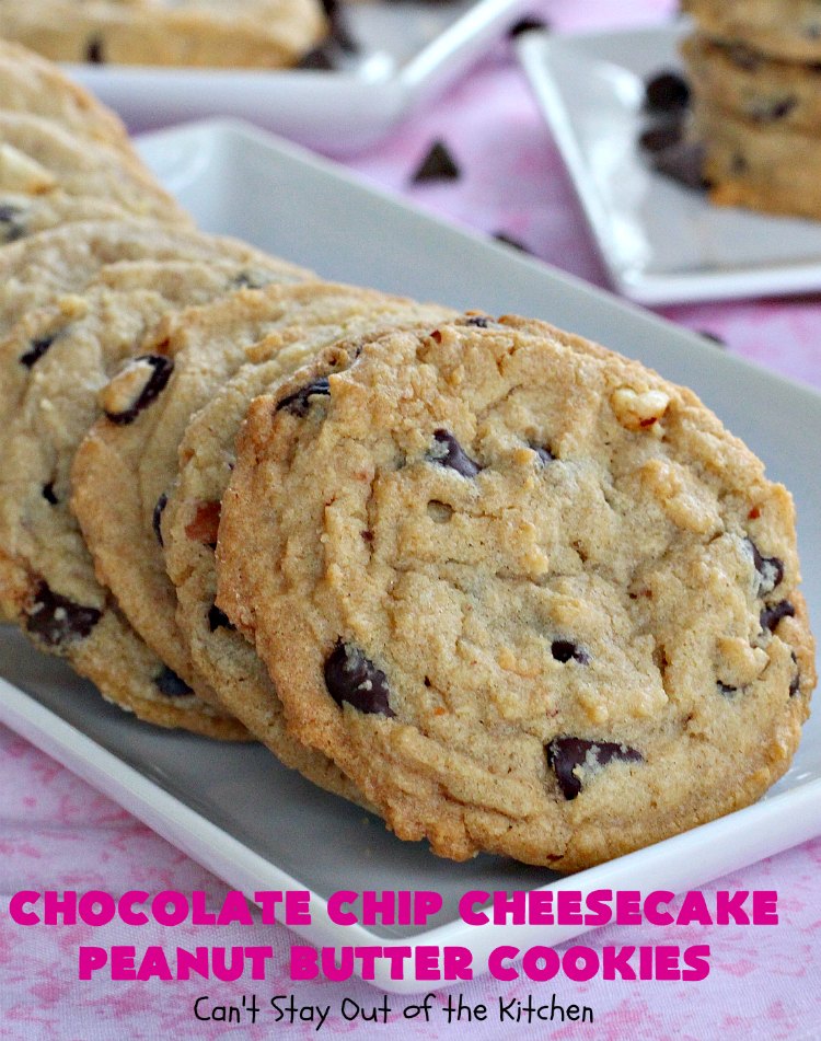 Chocolate Chip Cheesecake Peanut Butter Cookies | Can't Stay Out of the Kitchen | these #cookies are awesome! They have crunchy #PeanutButter, #ChocolateChips & #cheesecake #JellO in the the batter. Amazing for #tailgating parties, potlucks, backyard BBQS or #ChristmasCookieExchanges. #dessert #ChocolateDessert #PeanutButterDessert #CheesecakeDessert #HolidayDessert #chocolate