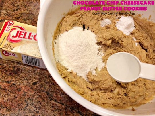 Chocolate Chip Cheesecake Peanut Butter Cookies | Can't Stay Out of the Kitchen | these #cookies are awesome! They have crunchy #PeanutButter, #ChocolateChips & #cheesecake #JellO in the the batter. Amazing for #tailgating parties, potlucks, backyard BBQS or #ChristmasCookieExchanges. #dessert #ChocolateDessert #PeanutButterDessert #CheesecakeDessert #HolidayDessert #chocolate