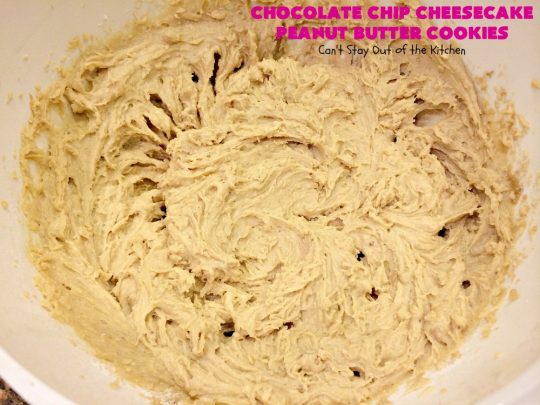Chocolate Chip Cheesecake Peanut Butter Cookies | Can't Stay Out of the Kitchen | these #cookies are awesome! They have crunchy #PeanutButter, #ChocolateChips & #cheesecake #JellO in the the batter. Amazing for #tailgating parties, potlucks, backyard BBQS or #ChristmasCookieExchanges. #dessert #ChocolateDessert #PeanutButterDessert #CheesecakeDessert #HolidayDessert #chocolate
