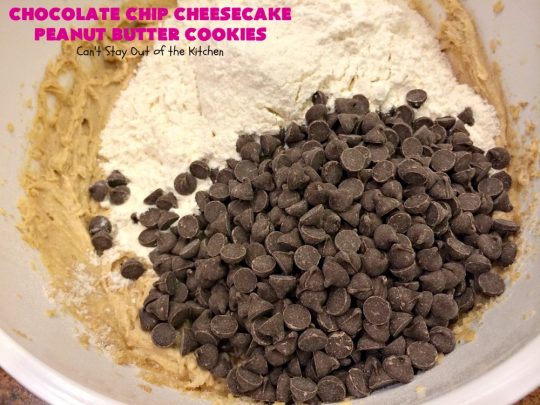 Chocolate Chip Cheesecake Peanut Butter Cookies | Can't Stay Out of the Kitchen | these #cookies are awesome! They have crunchy #PeanutButter, #ChocolateChips & #cheesecake #JellO in the the batter. Amazing for #tailgating parties, potlucks, backyard BBQS or #ChristmasCookieExchanges. #dessert #ChocolateDessert #PeanutButterDessert #CheesecakeDessert #HolidayDessert #chocolate