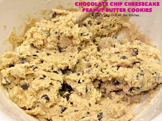 Chocolate Chip Cheesecake Peanut Butter Cookies | Can't Stay Out of the Kitchen | these #cookies are awesome! They have crunchy #PeanutButter, #ChocolateChips & #cheesecake #JellO in the the batter. Amazing for #tailgating parties, potlucks, backyard BBQS or #ChristmasCookieExchanges. #dessert #ChocolateDessert #PeanutButterDessert #CheesecakeDessert #HolidayDessert #chocolate