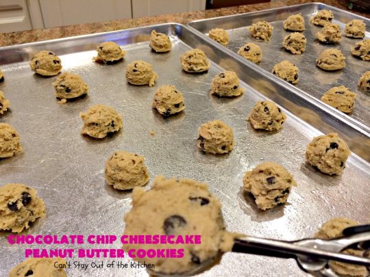 Chocolate Chip Cheesecake Peanut Butter Cookies | Can't Stay Out of the Kitchen | these #cookies are awesome! They have crunchy #PeanutButter, #ChocolateChips & #cheesecake #JellO in the the batter. Amazing for #tailgating parties, potlucks, backyard BBQS or #ChristmasCookieExchanges. #dessert #ChocolateDessert #PeanutButterDessert #CheesecakeDessert #HolidayDessert #chocolate