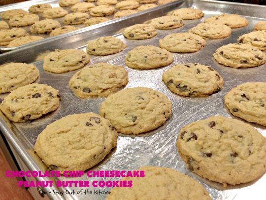 Chocolate Chip Cheesecake Peanut Butter Cookies | Can't Stay Out of the Kitchen | these #cookies are awesome! They have crunchy #PeanutButter, #ChocolateChips & #cheesecake #JellO in the the batter. Amazing for #tailgating parties, potlucks, backyard BBQS or #ChristmasCookieExchanges. #dessert #ChocolateDessert #PeanutButterDessert #CheesecakeDessert #HolidayDessert #chocolate