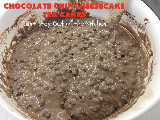 Chocolate Chip Cheesecake Tea Cakes | Can't Stay Out of the Kitchen | these scrumptious #TeaCakes are so easy to make since they start with a #chocolate #CakeMix. They include #Cheesecake #PuddingMix & miniature #ChocolateChips. These are a delectable treat for #holidays and #Christmas baking. Everyone will swoon over them! #dessert #ChocolateDessert #HolidayDessert #cake #ChocolateChipCheesecakeTeaCakes