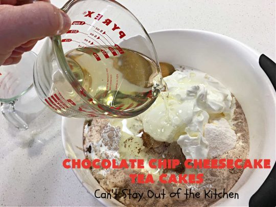 Chocolate Chip Cheesecake Tea Cakes | Can't Stay Out of the Kitchen | these scrumptious #TeaCakes are so easy to make since they start with a #chocolate #CakeMix. They include #Cheesecake #PuddingMix & miniature #ChocolateChips. These are a delectable treat for #holidays and #Christmas baking. Everyone will swoon over them! #dessert #ChocolateDessert #HolidayDessert #cake #ChocolateChipCheesecakeTeaCakes