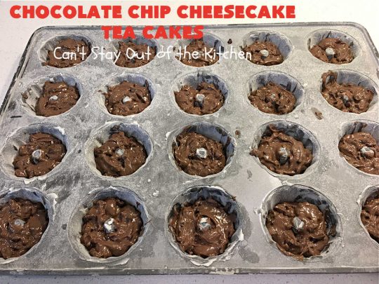 Chocolate Chip Cheesecake Tea Cakes | Can't Stay Out of the Kitchen | these scrumptious #TeaCakes are so easy to make since they start with a #chocolate #CakeMix. They include #Cheesecake #PuddingMix & miniature #ChocolateChips. These are a delectable treat for #holidays and #Christmas baking. Everyone will swoon over them! #dessert #ChocolateDessert #HolidayDessert #cake #ChocolateChipCheesecakeTeaCakes