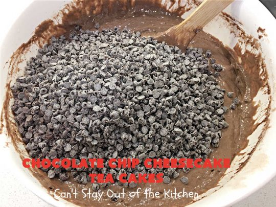 Chocolate Chip Cheesecake Tea Cakes | Can't Stay Out of the Kitchen | these scrumptious #TeaCakes are so easy to make since they start with a #chocolate #CakeMix. They include #Cheesecake #PuddingMix & miniature #ChocolateChips. These are a delectable treat for #holidays and #Christmas baking. Everyone will swoon over them! #dessert #ChocolateDessert #HolidayDessert #cake #ChocolateChipCheesecakeTeaCakes