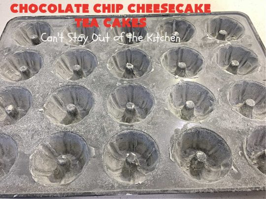 Chocolate Chip Cheesecake Tea Cakes | Can't Stay Out of the Kitchen | these scrumptious #TeaCakes are so easy to make since they start with a #chocolate #CakeMix. They include #Cheesecake #PuddingMix & miniature #ChocolateChips. These are a delectable treat for #holidays and #Christmas baking. Everyone will swoon over them! #dessert #ChocolateDessert #HolidayDessert #cake #ChocolateChipCheesecakeTeaCakes