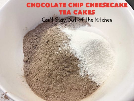 Chocolate Chip Cheesecake Tea Cakes | Can't Stay Out of the Kitchen | these scrumptious #TeaCakes are so easy to make since they start with a #chocolate #CakeMix. They include #Cheesecake #PuddingMix & miniature #ChocolateChips. These are a delectable treat for #holidays and #Christmas baking. Everyone will swoon over them! #dessert #ChocolateDessert #HolidayDessert #cake #ChocolateChipCheesecakeTeaCakes