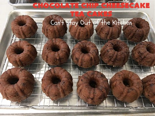 Chocolate Chip Cheesecake Tea Cakes | Can't Stay Out of the Kitchen | these scrumptious #TeaCakes are so easy to make since they start with a #chocolate #CakeMix. They include #Cheesecake #PuddingMix & miniature #ChocolateChips. These are a delectable treat for #holidays and #Christmas baking. Everyone will swoon over them! #dessert #ChocolateDessert #HolidayDessert #cake #ChocolateChipCheesecakeTeaCakes