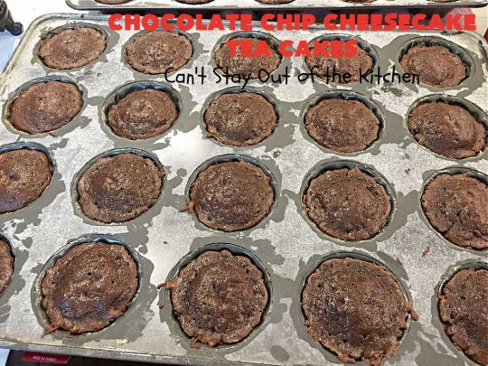 Chocolate Chip Cheesecake Tea Cakes | Can't Stay Out of the Kitchen | these scrumptious #TeaCakes are so easy to make since they start with a #chocolate #CakeMix. They include #Cheesecake #PuddingMix & miniature #ChocolateChips. These are a delectable treat for #holidays and #Christmas baking. Everyone will swoon over them! #dessert #ChocolateDessert #HolidayDessert #cake #ChocolateChipCheesecakeTeaCakes