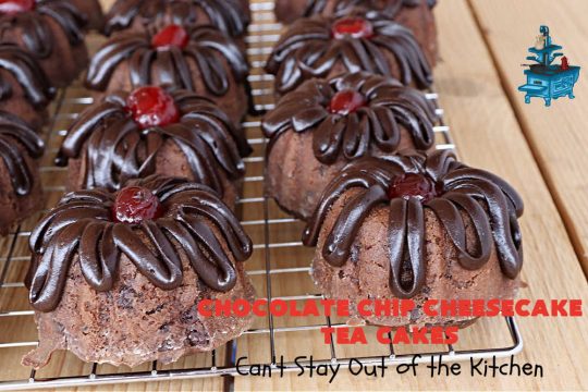 Chocolate Chip Cheesecake Tea Cakes | Can't Stay Out of the Kitchen | these scrumptious #TeaCakes are so easy to make since they start with a #chocolate #CakeMix. They include #Cheesecake #PuddingMix & miniature #ChocolateChips. These are a delectable treat for #holidays and #Christmas baking. Everyone will swoon over them! #dessert #ChocolateDessert #HolidayDessert #cake #ChocolateChipCheesecakeTeaCakes