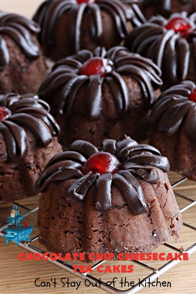 Chocolate Chip Cheesecake Tea Cakes | Can't Stay Out of the Kitchen | these scrumptious #TeaCakes are so easy to make since they start with a #chocolate #CakeMix. They include #Cheesecake #PuddingMix & miniature #ChocolateChips. These are a delectable treat for #holidays and #Christmas baking. Everyone will swoon over them! #dessert #ChocolateDessert #HolidayDessert #cake #ChocolateChipCheesecakeTeaCakes