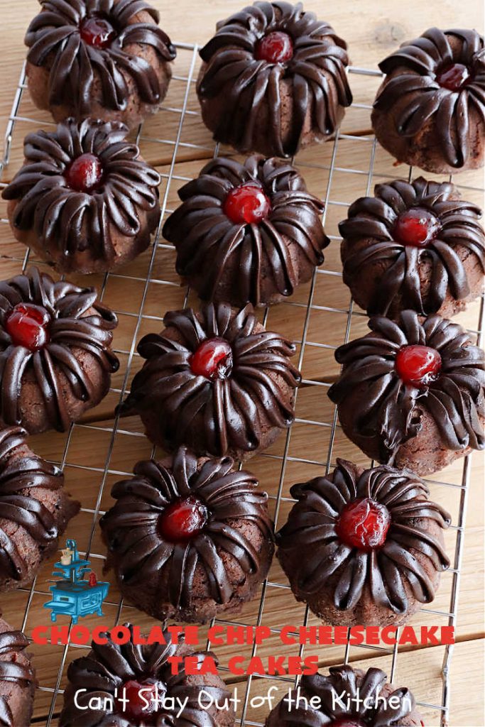 Chocolate Chip Cheesecake Tea Cakes | Can't Stay Out of the Kitchen | these scrumptious #TeaCakes are so easy to make since they start with a #chocolate #CakeMix. They include #Cheesecake #PuddingMix & miniature #ChocolateChips. These are a delectable treat for #holidays and #Christmas baking. Everyone will swoon over them! #dessert #ChocolateDessert #HolidayDessert #cake #ChocolateChipCheesecakeTeaCakes