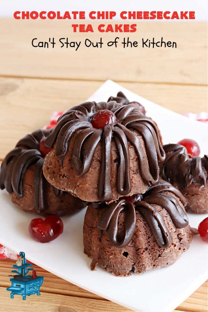 Chocolate Chip Cheesecake Tea Cakes | Can't Stay Out of the Kitchen | these scrumptious #TeaCakes are so easy to make since they start with a #chocolate #CakeMix. They include #Cheesecake #PuddingMix & miniature #ChocolateChips. These are a delectable treat for #holidays and #Christmas baking. Everyone will swoon over them! #dessert #ChocolateDessert #HolidayDessert #cake #ChocolateChipCheesecakeTeaCakes