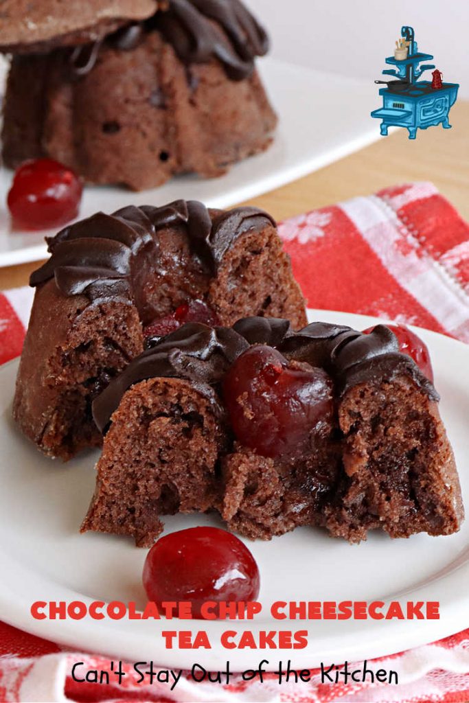 Chocolate Chip Cheesecake Tea Cakes | Can't Stay Out of the Kitchen | these scrumptious #TeaCakes are so easy to make since they start with a #chocolate #CakeMix. They include #Cheesecake #PuddingMix & miniature #ChocolateChips. These are a delectable treat for #holidays and #Christmas baking. Everyone will swoon over them! #dessert #ChocolateDessert #HolidayDessert #cake #ChocolateChipCheesecakeTeaCakes
