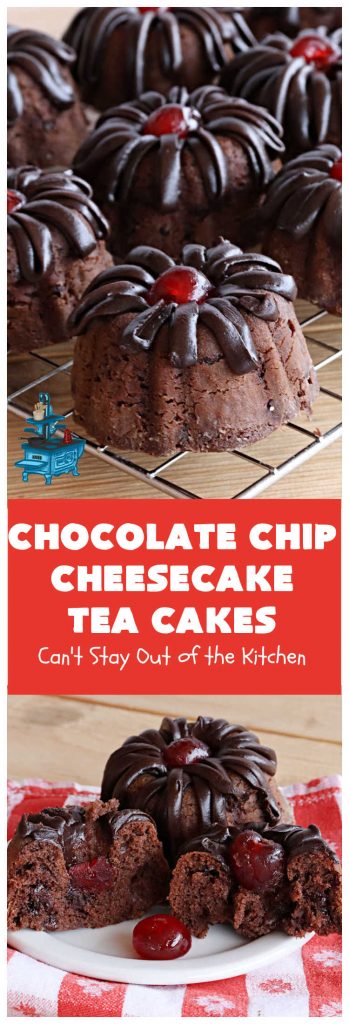 Chocolate Chip Cheesecake Tea Cakes | Can't Stay Out of the Kitchen | these scrumptious #TeaCakes are so easy to make since they start with a #chocolate #CakeMix. They include #Cheesecake #PuddingMix & miniature #ChocolateChips. These are a delectable treat for #holidays and #Christmas baking. Everyone will swoon over them! #dessert #ChocolateDessert #HolidayDessert #cake #ChocolateChipCheesecakeTeaCakes