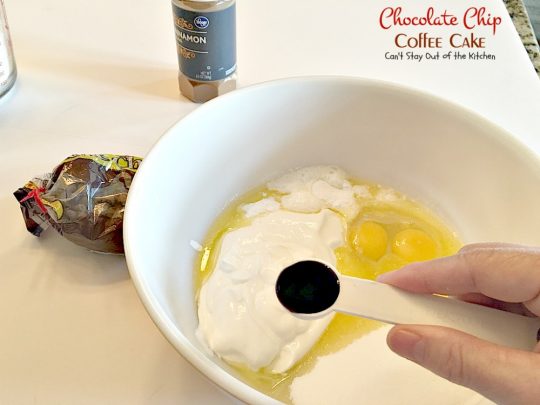 Chocolate Chip Coffee Cake | Can't Stay Out of the Kitchen | this easy & delicious #coffeecake has a #cinnamon & #chocolatechip layer in the middle & on top. It's super delicious. #breakfast