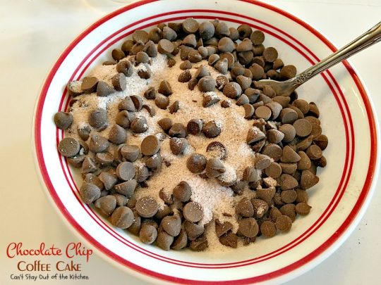 Chocolate Chip Coffee Cake | Can't Stay Out of the Kitchen | this easy & delicious #coffeecake has a #cinnamon & #chocolatechip layer in the middle & on top. It's super delicious. #breakfast