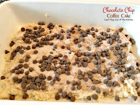 Chocolate Chip Coffee Cake | Can't Stay Out of the Kitchen | this easy & delicious #coffeecake has a #cinnamon & #chocolatechip layer in the middle & on top. It's super delicious. #breakfast