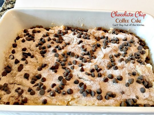 Chocolate Chip Coffee Cake | Can't Stay Out of the Kitchen | this easy & delicious #coffeecake has a #cinnamon & #chocolatechip layer in the middle & on top. It's super delicious. #breakfast