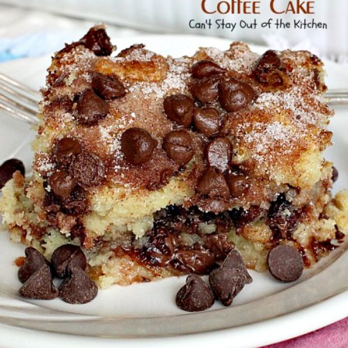 Chocolate Chip Coffee Cake | Can't Stay Out of the Kitchen | this easy & delicious #coffeecake has a #cinnamon & #chocolatechip layer in the middle & on top. It's super delicious. #breakfast