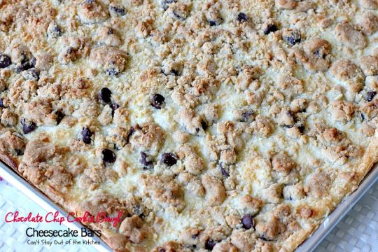 Chocolate Chip Cookie Dough Cheesecake Bars | Can't Stay Out of the Kitchen | these sensational #brownies combine the best of #chocolatechip #cookies with a luscious #cheesecake layer. We absolutely devoured them! #dessert #chocolate