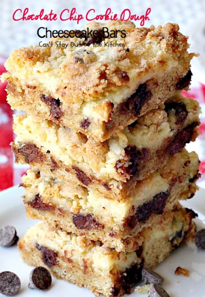Chocolate Chip Cookie Dough Cheesecake Bars | Can't Stay Out of the Kitchen | these sensational #brownies combine the best of #chocolatechip #cookies with a luscious #cheesecake layer. We absolutely devoured them! #dessert #chocolate