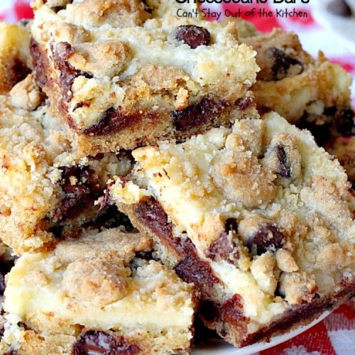 Chocolate Chip Cookie Dough Cheesecake Bars | Can't Stay Out of the Kitchen | these sensational #brownies combine the best of #chocolatechip #cookies with a luscious #cheesecake layer. We absolutely devoured them! #dessert #chocolate