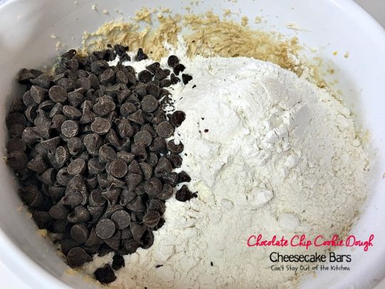 Chocolate Chip Cookie Dough Cheesecake Bars | Can't Stay Out of the Kitchen | these sensational #brownies combine the best of #chocolatechip #cookies with a luscious #cheesecake layer. We absolutely devoured them! #dessert #chocolate